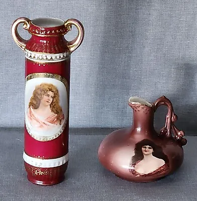 2 Antique Victoria Austria Porcelain Portrait Vases Ewer Pitcher - Gold Gilding  • $36