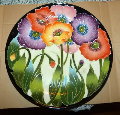 J McCall Blue Sky New Lg Round Platter Icing On The Cake Poppy Pink Purple Coral • $67