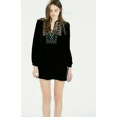 Zara Womens Elegant Embedded Velvet Ethnic Print Boho Dress Black Sz Large • $36
