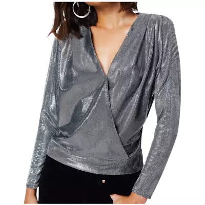 Ramy Brook NWOT Chainmail Knit Esther Faux Wrap Top Silver Metallic Size S • £96.51