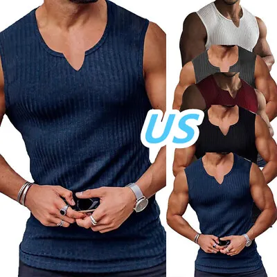 US Men's Sleeveless V Neck Tank Top Ribbed Vest Bodybuilding Muscle Shirt Tops • $13.99