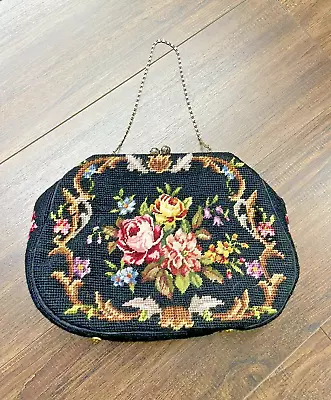 Vintage MAUD HUNDLEY Needlepoint Black & Floral Purse/Handbag Chain Handle • $30