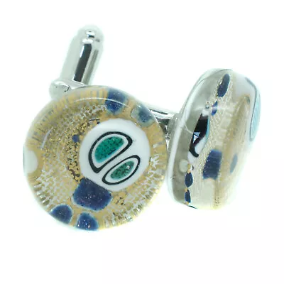 Murano Glass Cufflinks Circular Gold White Blue Venice Wedding Made In Italy • £15.95