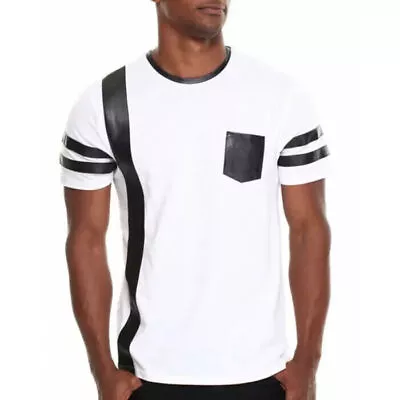 T-Shirt Stylish Casual Genuine Handmade White With Black Stripes Leather Men's • $150