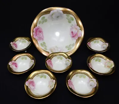 Antique PT Bavaria Hand Painted Nut Bowl Set 8 Pcs Pink White Roses Gold Trim • $84.95