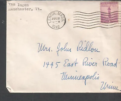 1942 Cover Van Ingen Manchester VT/Lenox MA To Mrs John Ridlou Minneapolis MN • $5