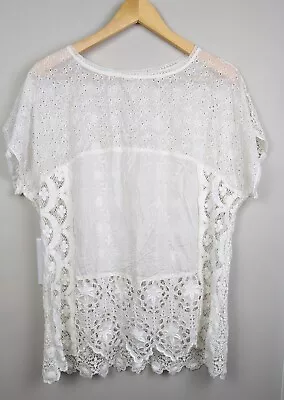 Johnny Was 4 Love And Liberty Mixed Lace Panel Cotton Blouse Ivory L • $56