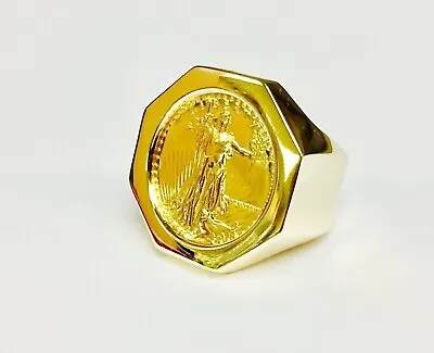 Men's 20 Mm Coin American Eagle Wedding Ring With Vintage 14K Yellow Gold Plated • $326.78