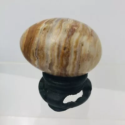 Vintage Polished Natural Stone Tan Veined Egg Granite Marble Alabaster Wood Base • $15.29