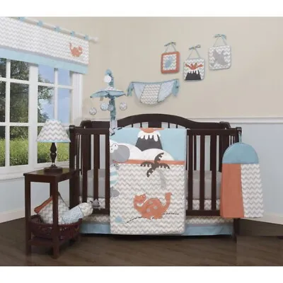 Blue Gray Orange Dinosaur 12 Pc Crib Bedding Set Baby Nursery Quilt Diaper Stack • $80.90