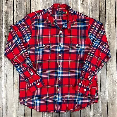 Polo Ralph Lauren Flannel Long Sleeve Button Shirt Large Mens Red Plaid Pony • $24.95