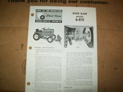1969 Wheel Horse Dozer Blade Model 6-4111 Parts List & Instructions  • $7.99