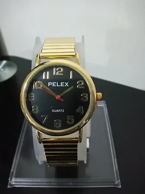 Mens Gold Watch Expanding Elastic Stretch Bracelet Easy Read Black Face PLX-027 • £11.99
