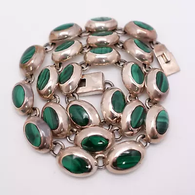 Taxco Mexico Silver 950 Vintage Oval Malachite Heavy Necklace 18  • £152.69