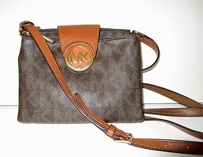 Michael Kors Fulton Crossbody MK Signature Brown Flap Double Zip PVC Leather • $47