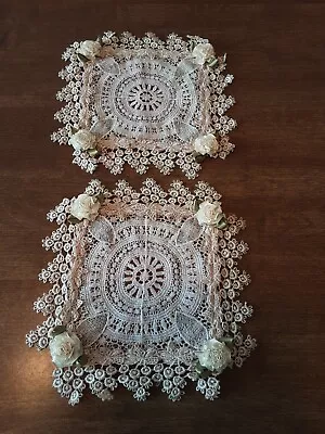 Lot Of 2 Vintage Square Doilies Natural Beige With Lace And Flowers • $10