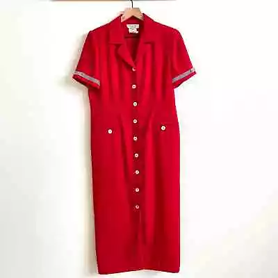 Miss Dorby Red Button Front Nautical Vtg 80s 90s Cottagecore Dress Women's 12P • $40