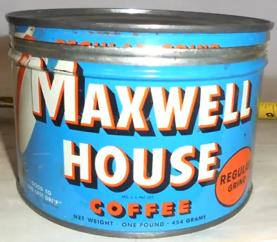 Vintage Maxwell House Coffee Regular Grind Tin Can General Foods HOBOKEN  N. J. • $44.95