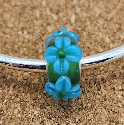 Authentic Blue Flowers Glass Murano European Charm Bead 925 Sterling Silver • $12