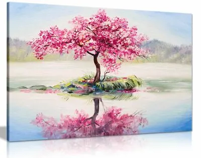 £11.99 • Buy Japanese Oriental Cherry Tree On Lake Painting Canvas Wall Art Picture Print