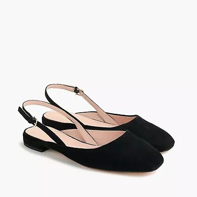 J. Crew Women's Black Suede Square Toe Slingback Flats Sandals (MINT) - Size 5.5 • $28