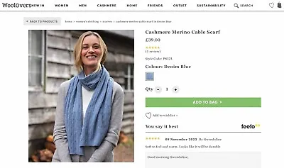 Woolovers Knitted Cable Scarf Denim Blue Ladies Merino Cashmere Wool • £22.99