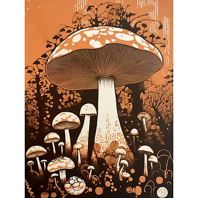 Vintage Mushroom Red Cap Fungi Orange Brown Earthy Art Canvas Print 18X24 • £18.99