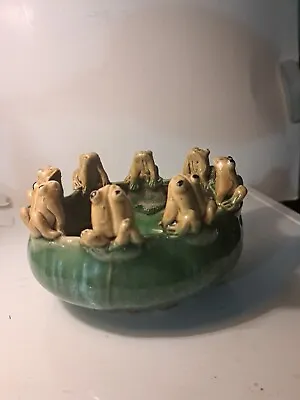 Vintage Majolica Frog Bowl Planter 8 Frogs Lily Pads- Signed Fairycore • $20