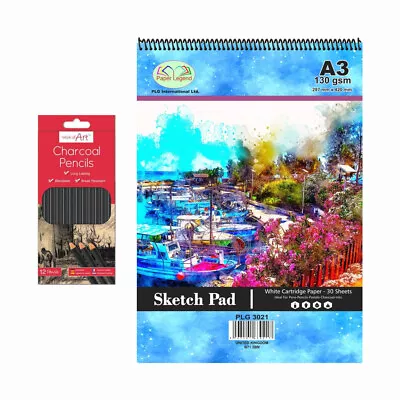 A3 Sketch Pad 30 Sheets 130gsm Spiral Cartridge Paper And 12 Charcoal Pencils • £9.59