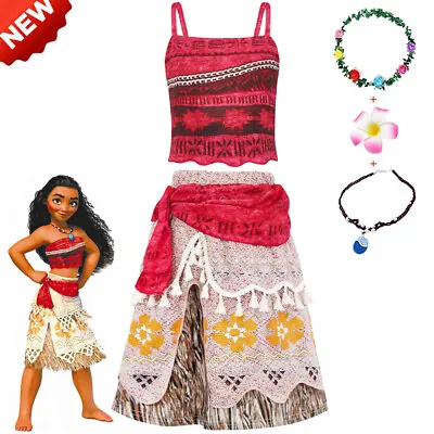 UK Kids Girls Moana Costume Hawaiian Princess Party Fancy Cosplay Dress&Necklace • £13.29