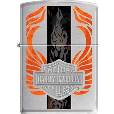 Zippo Lighter - Harley Davidson Orange Flame Brushed Chrome - 852546 • $38.17
