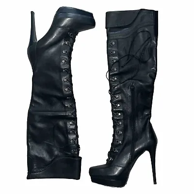 NIB Stuart Weitzman COMBAT OTK Thigh High Black Leather Lace-Up Platform 8.5 VTG • $449.99