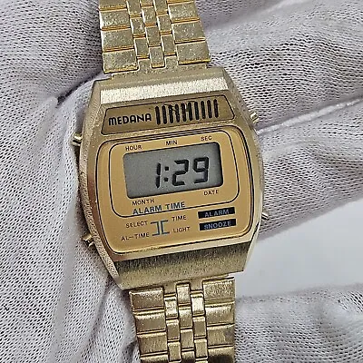 MEDANA Men's Digital Wrist Watch Vintage Gold Tone Day Date Alarm New Battery  • $59.99