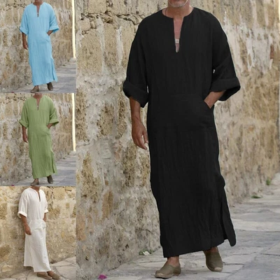 Muslim Mens Kaftan Saudi Arab Jubba Long Sleeve Kaftan Tunic Dress Shirts Thobe • £22.82