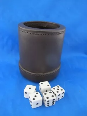 Vintage Brown Leather Dice Cup W/ 5 Dice- Ribbed Inside • $17.95