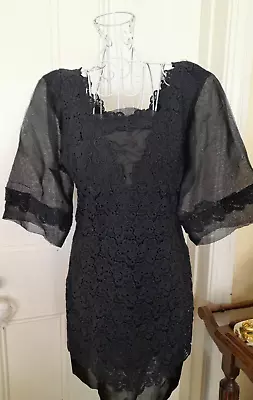 1950's EVENING BLACK EMPIRE LINE DRESS LACE OVERLAY CHIFFON STYLE SLEEVES • $19.95