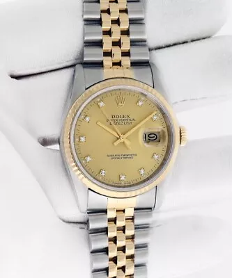 Rolex Mens Datejust 36mm 18k Gold & Steel Watch Champagne Roman Diamond Bezel  • $2000
