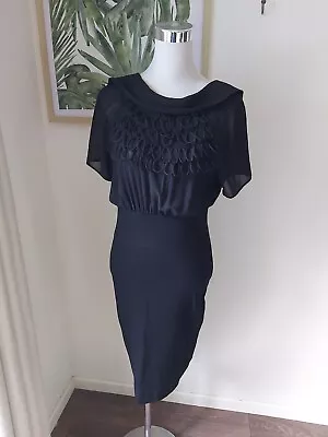 REVIEW Vintage Black Viscose Dress Sz 10 Ruffle High Neck Details S/s Party Cute • $5