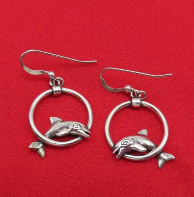 KBN Kabana Earrings Vintage Sterling Silver Dolphin Hoops Modernist 1.35 In 27c • $29.99