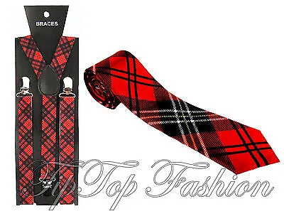 New Tartan Braces Plus  Red Tie Scottish Fancy Dress 70s Punk Nerd  • £4