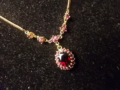 Vtg Lind Red Garnet Halo Stone Drop Lavalier Pendant Yellow Gold Pl Necklace 18  • $47
