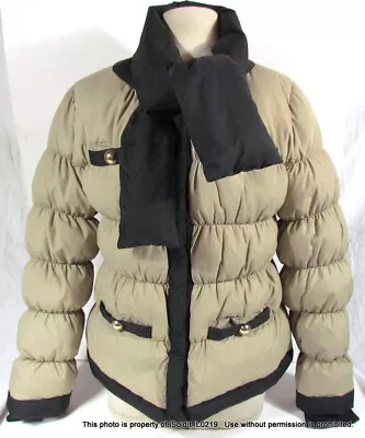Womens MOSCHINO DOWN PUFFER JACKET Coat SZ M Taupe & Black W/ Removable Scarf • $59.99