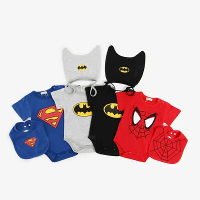 £4.99 • Buy Baby Superman/batman Romper +hat/bib Newborn Boy Girl Babygrow Outfits Clothes