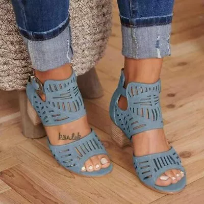 Peep Toe Women Buckle Size Hollow-Out Sandals Faux Leather Mid Block Heels Shoes • $21.05