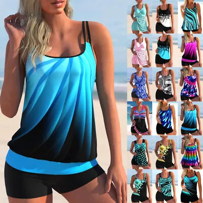 Women Padded Tankini With Boy Shorts Set Swimsuit Beach Bathing Bikini Costume • £11.49