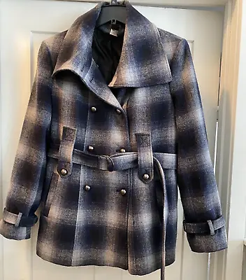 Moda International Blue Plaid Double Breasted Belted Pea Coat Size XL Wool Blend • $29.99
