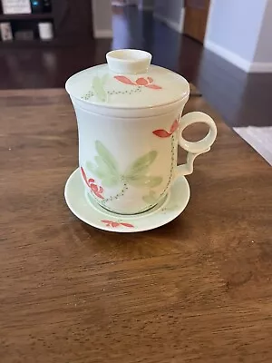 Vintage Teavana Porcelain Cup Saucer Lotus Blossom Tea Infuser Mug Set China • $15