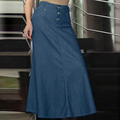 Womens Elastic Waist Long Maxi Demin Skirts Office Ladies Workwear A Line Dress • £16.10