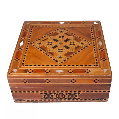 Vintage Moroccan Khatam Marquetry Box Geometric Design Micro Mosaic Lined 4.75  • $24