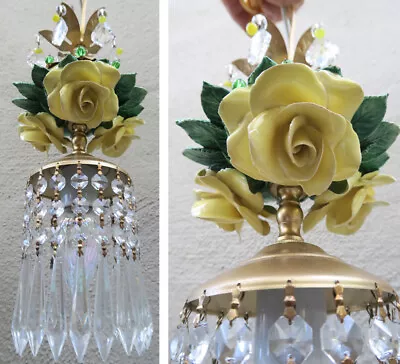 Porcelain Lemon ROSE Chandelier SWAG Lamp Capodimonte Brass Vintage Light Beaded • $324.71